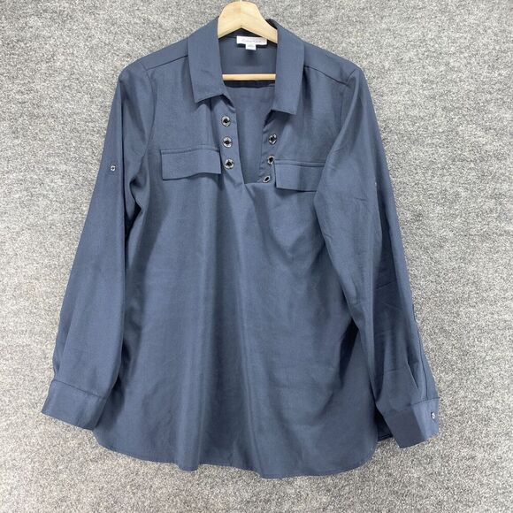 Calvin Klein Blouse Women M Medium Gray Collared Long Sleeve Pullover Casual - Picture 1 of 7